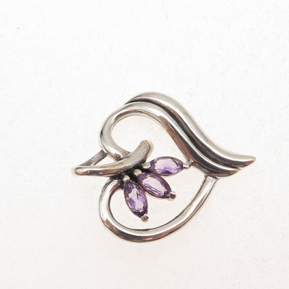 925 Sterling Silver Vintage Real Marquise-Cut Amethyst Heart Charm Pendant