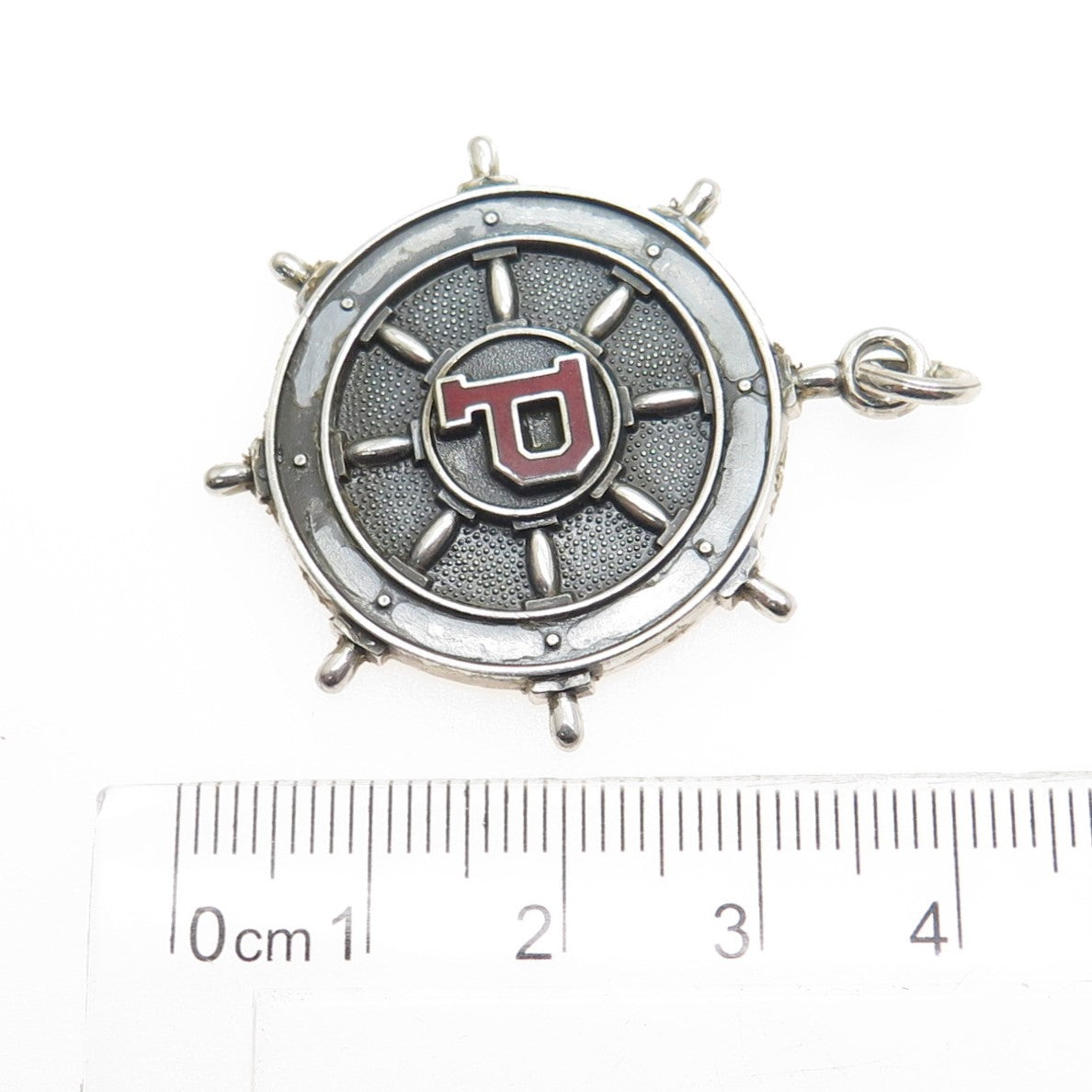 925 Sterling Silver Vintage Enamel Letter "P" Ship Wheel Oxidized Pendant