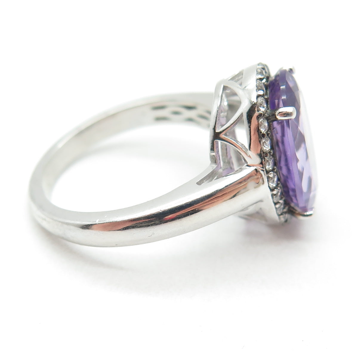 925 Sterling Silver Real Oval-Cut Amethyst & White Topaz Ring Size 8.25