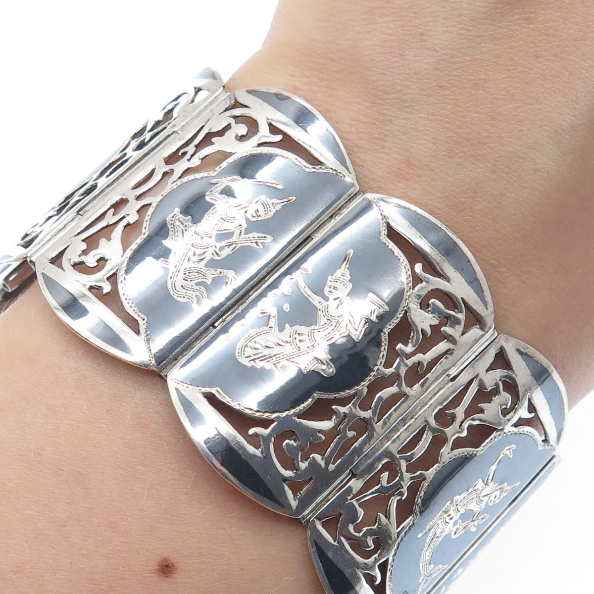 925 Sterling Silver Antique Siam Niello Hindu Goddess Panel Link Bracelet 7"