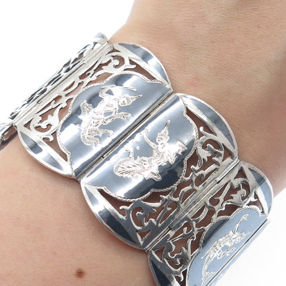 925 Sterling Silver Antique Siam Niello Hindu Goddess Panel Link Bracelet 7"