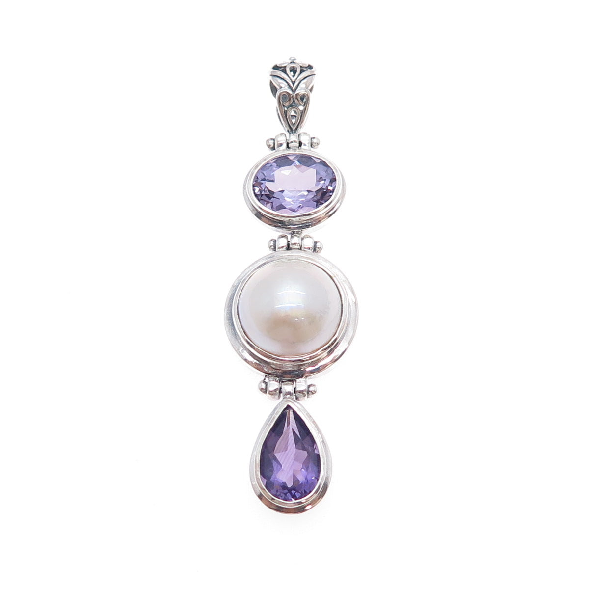 CHAPAL ZENRAY 925 Sterling Silver Vintage Real Amethyst & Pearl Oxidized Pendant
