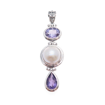 CHAPAL ZENRAY 925 Sterling Silver Vintage Real Amethyst & Pearl Oxidized Pendant