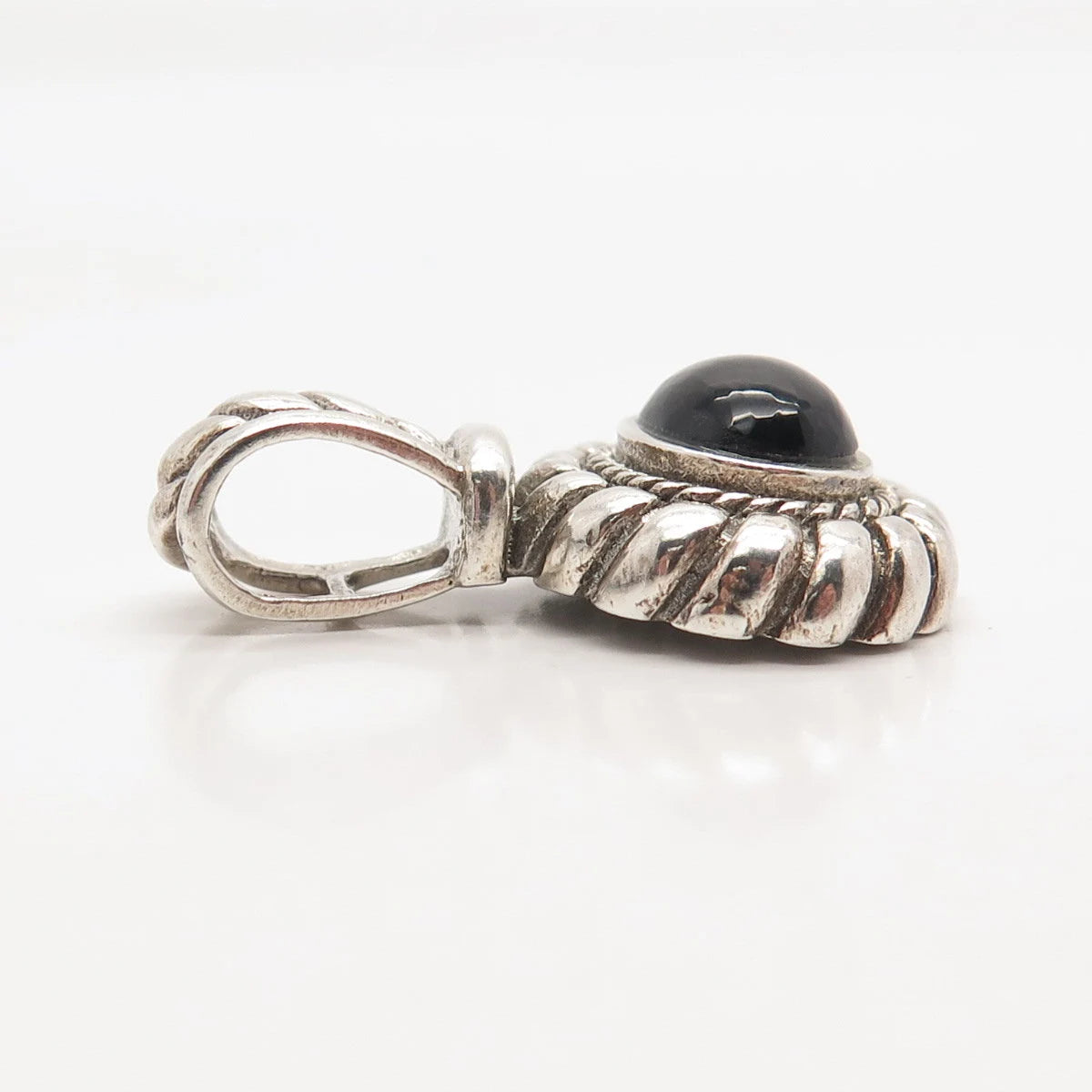 925 Sterling Silver Vintage Real Black Onyx Gem Twisted Oval Pendant