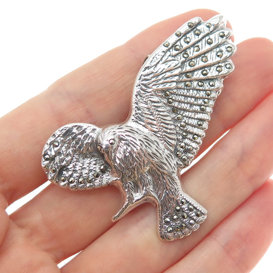 925 Sterling Silver Vintage Real Marcasite Eagle Oxidized Pin Brooch / Pendant