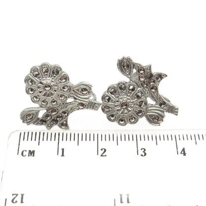 925 Sterling Silver Antique Art Deco Marcasite Gem Floral Screw Back Earrings