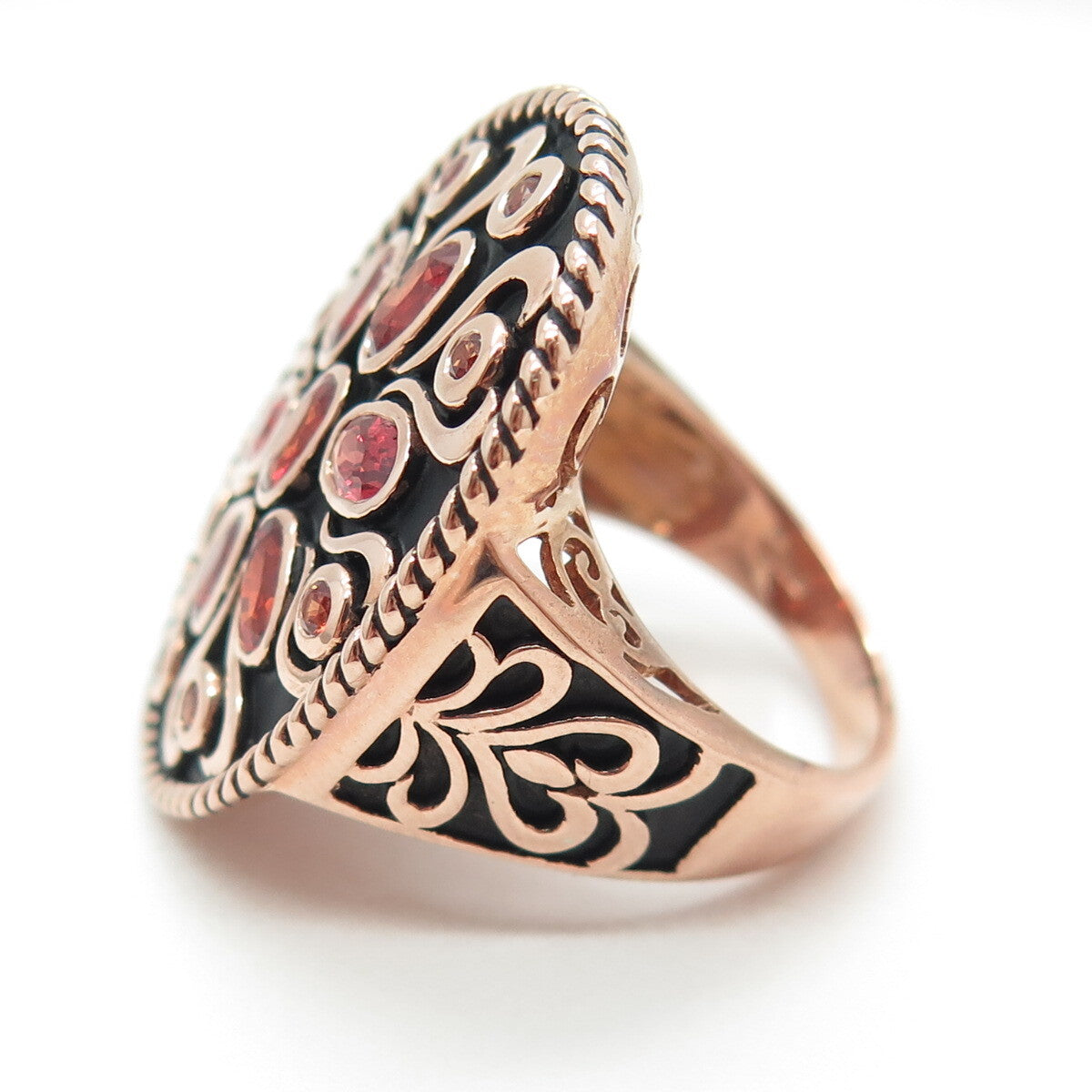 DSMK 925 Sterling Silver Rose Gold Plated Fire Sapphire Statement Ring Size 7.25