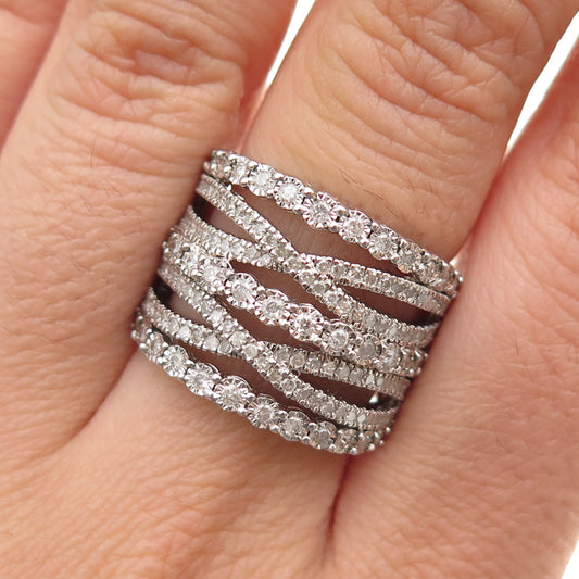 925 Sterling Silver Real Round-Cut Diamond Crisscross Ring Size 7