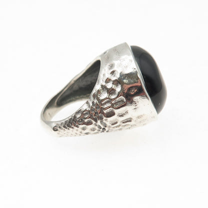 925 Sterling Silver Vintage Real Black Onyx Modernist Oxidized Ring Size 6