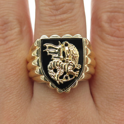 NLP TNC INC Sterling Silver Gold Plated Vintage Real Onyx Dragon Ring Size 10.25