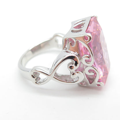 925 Sterling Silver Pink C Z Heart Ornate Statement Ring Size 7.5