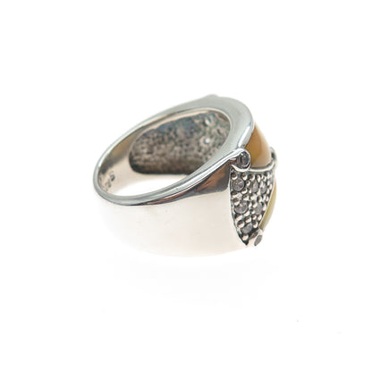 925 Sterling Silver Real MOP & Round-Cut C Z Modernist Ring Size 6