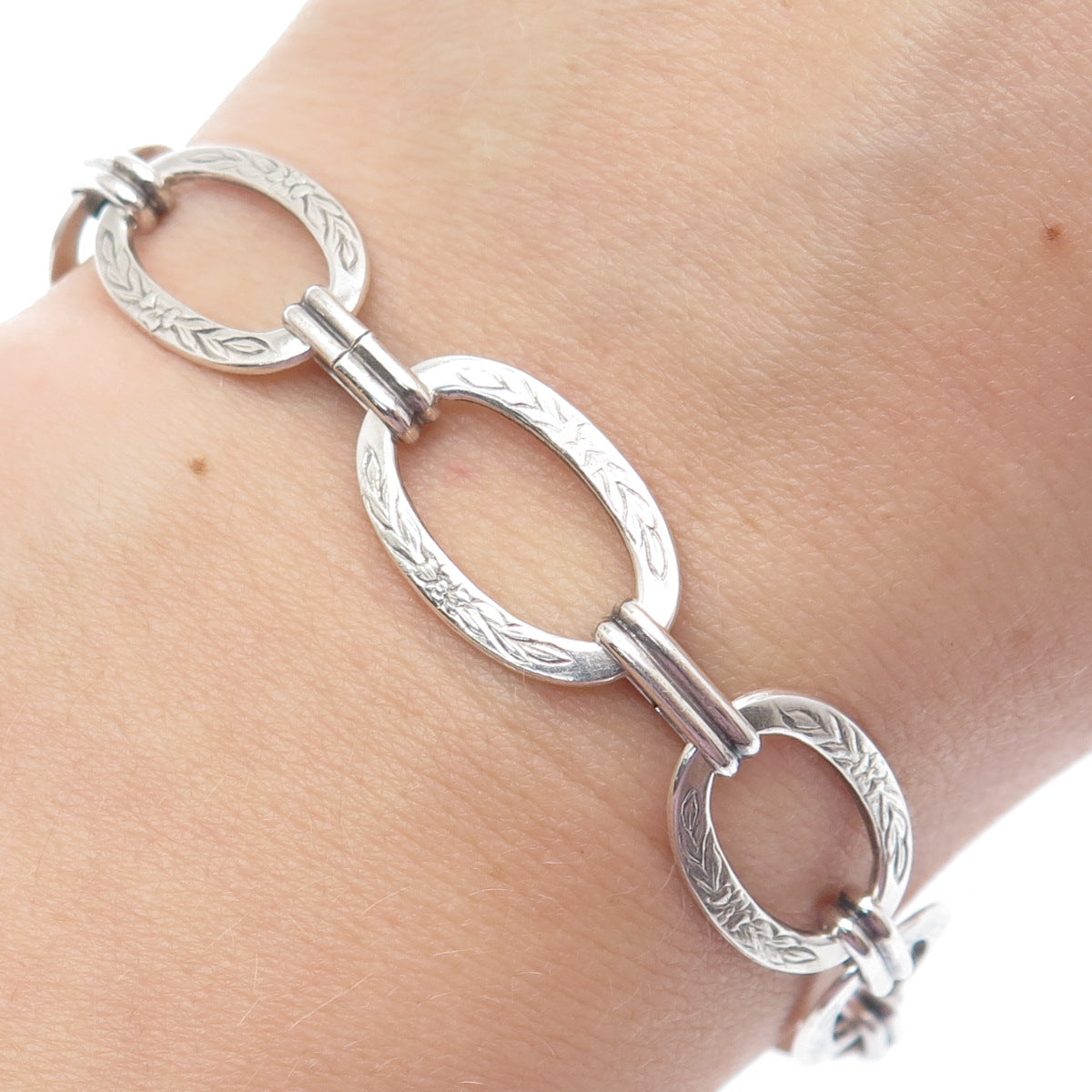 925 Sterling Silver Antique Art Deco Engraved Flower Oval Link Bracelet 6.75"
