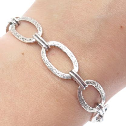 925 Sterling Silver Antique Art Deco Engraved Flower Oval Link Bracelet 6.75"