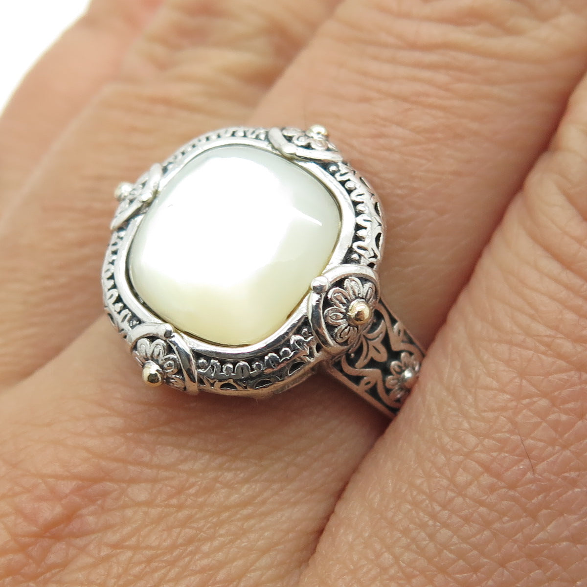 FD Felicia Design Sterling Silver & 14K Gold Real Mother-of-Pearl Ring Size 8.25