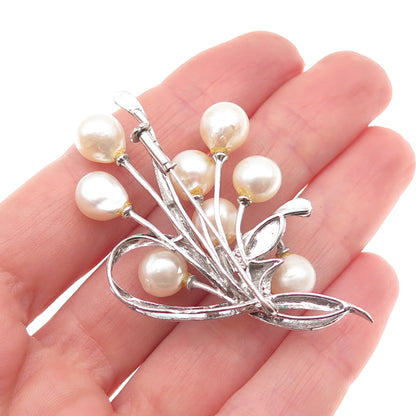 925 Sterling Silver Antique Japan Real Akoya Pearl Floral Pin Brooch