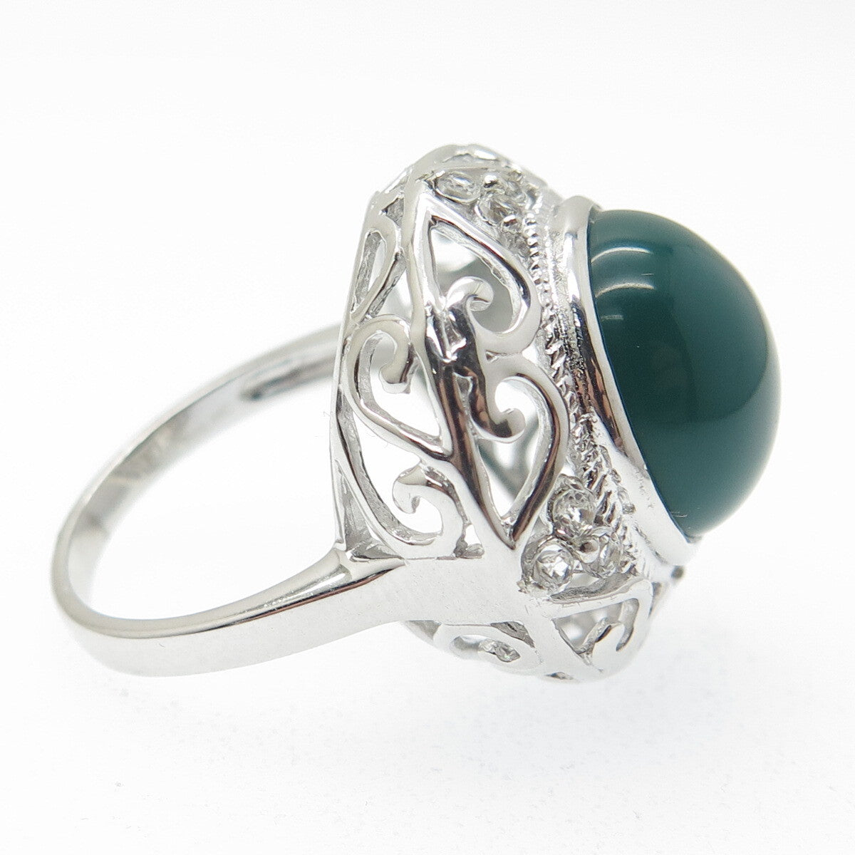 925 Sterling Silver Green Onyx & White Topaz Gem Ornate Swirl Ring Size 7.25