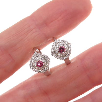 925 Sterling Silver Pink & White C Z Hoop Earrings