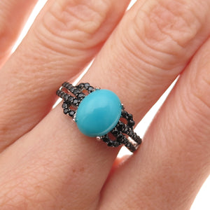 925 Sterling Silver Real Kingman Turquoise & Black Spinel Ring Size 8