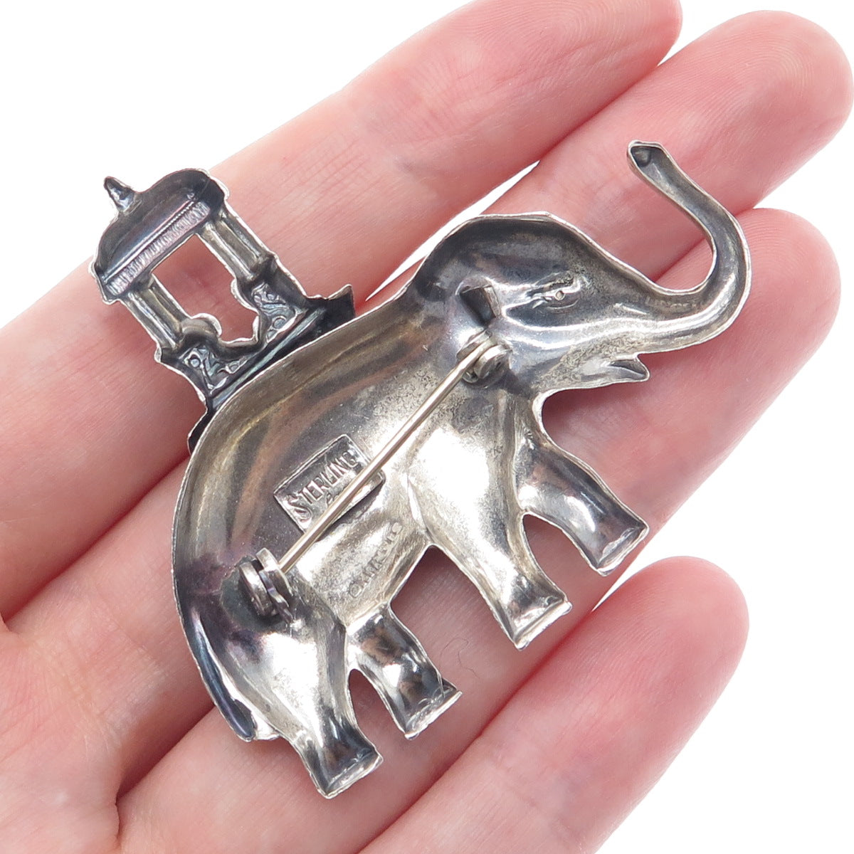 LANG Sterling Silver Antique Art Deco Elephant Sedan Chair Oxidized Pin Brooch