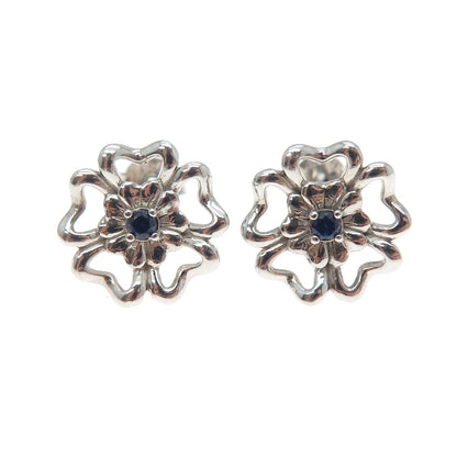 925 Sterling Silver Real Round-Cut Sapphire Flower Stud Earrings
