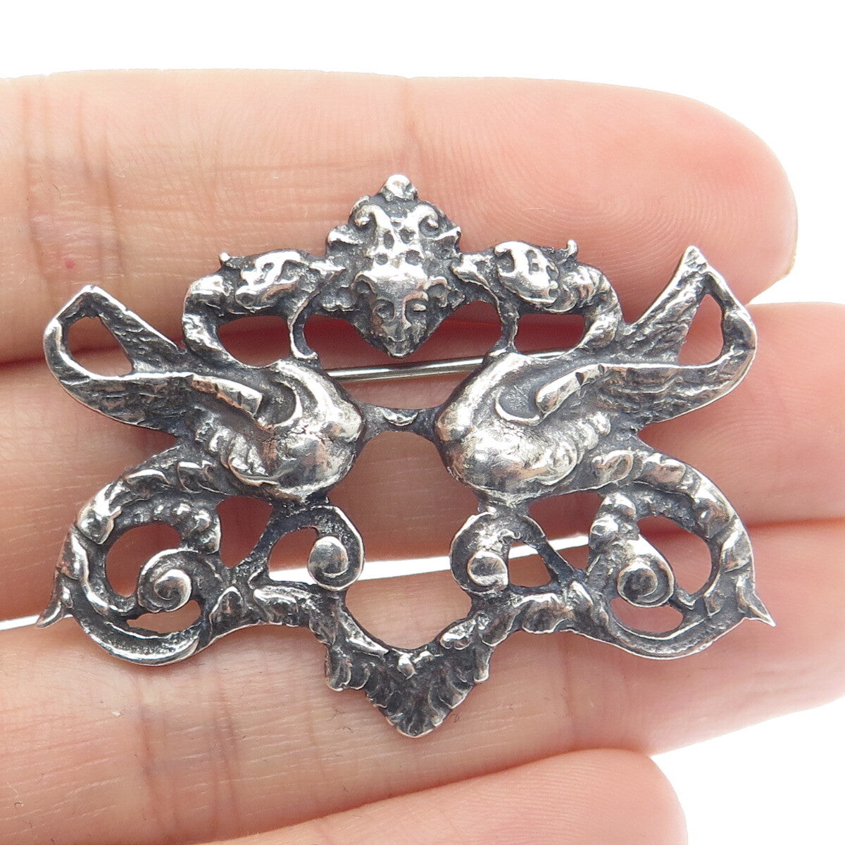 PERUZZI BOSTON 925 Sterling Silver Antique Art Deco Cherub Oxidized Pin Brooch