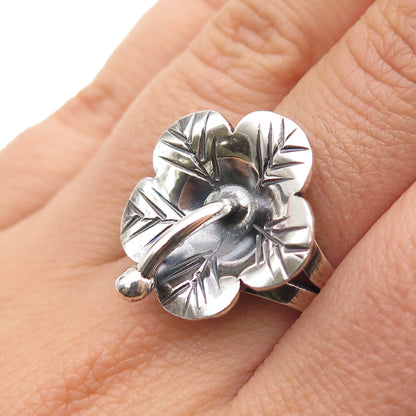 925 Sterling Silver Vintage Modernist Flower Oxidized Ring Size 8.5