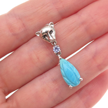 D'Joy 925 Sterling Silver Real Turquoise Tanzanite Spinel Panther Slide Pendant
