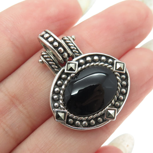 925 Sterling Silver Vintage Black Onyx & Marcasite Gem Art-Deco-Style Pendant