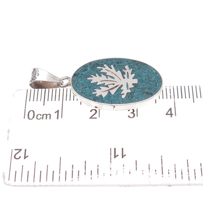 925 Sterling Silver Vintage Mexico Real Turquoise Inlay Cannabis Leaf Pendant
