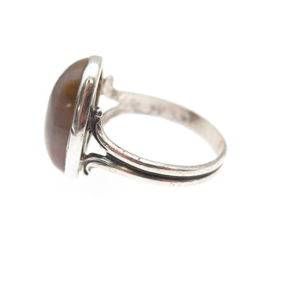 925 Sterling Silver Antique Art Deco Real Agate Oxidized Ring Size 4.75
