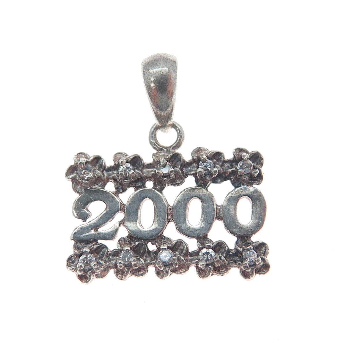 925 Sterling Silver Vintage C Z 2000 Millennium Flower Minimalist Charm Pendant