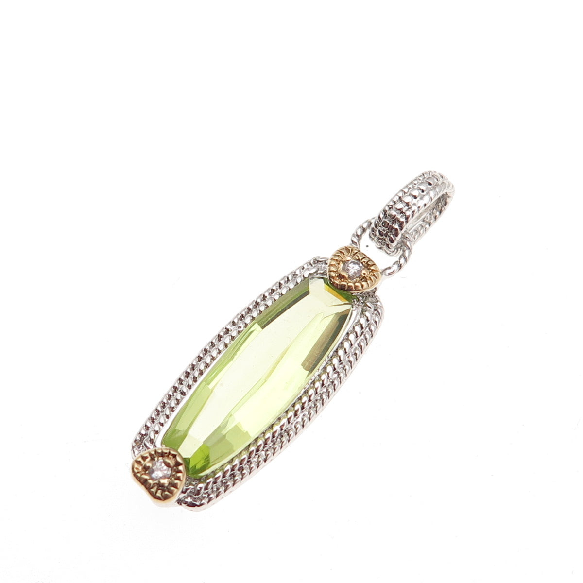 925 Sterling Silver 2-Tone Real Lime Quartz & C Z Heart Charm Pendant