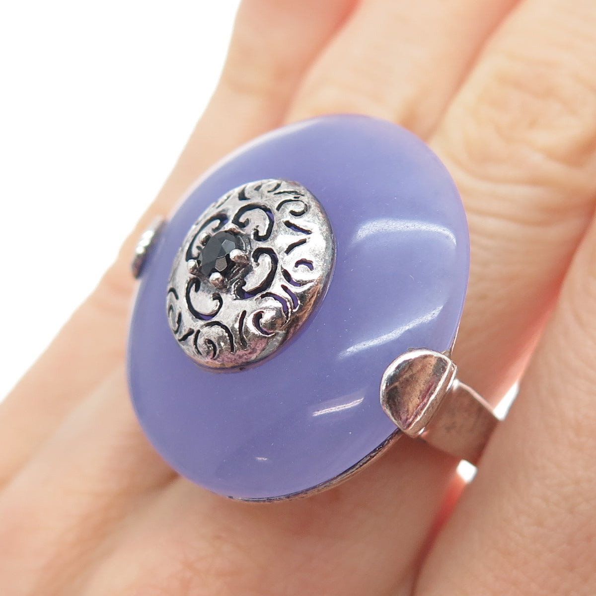 925 Sterling Silver Vintage Real Lavender Jade Black Onyx Statement Ring Size 7