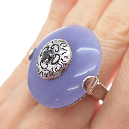 925 Sterling Silver Vintage Real Lavender Jade Black Onyx Statement Ring Size 7