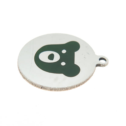 925 Sterling Silver Green Enamel Teddy Bear Round Tag Minimalist Charm Pendant