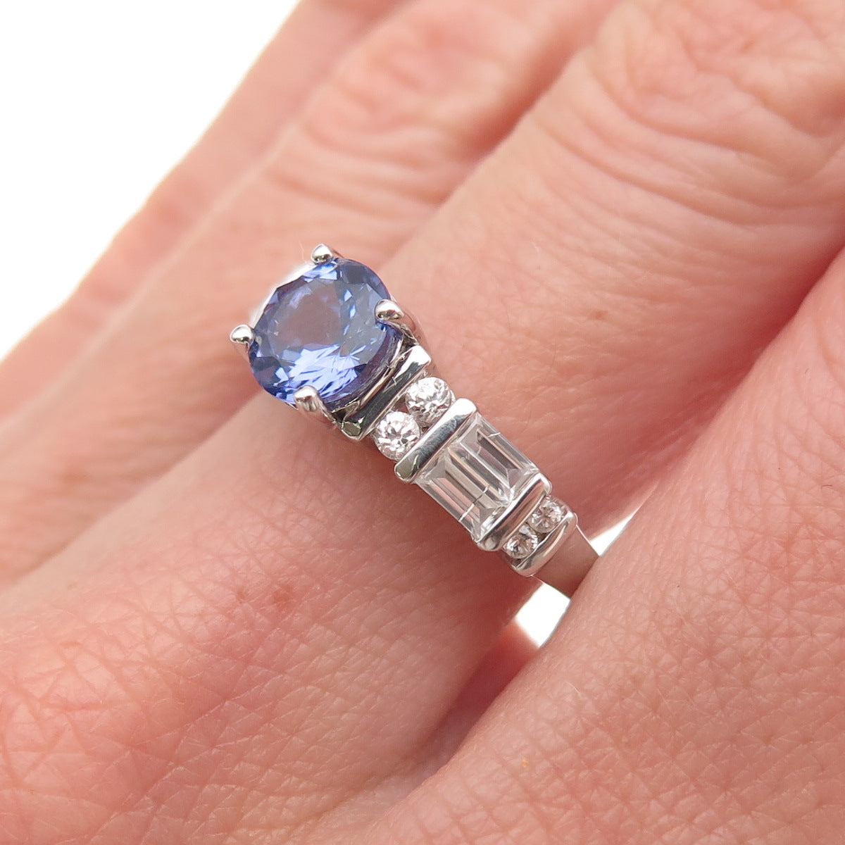 925 Sterling Silver Real Round-Cut Iolite & White Topaz Ring Size 8