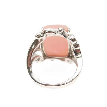 925 Sterling Silver Real Cabochon Pink Opal Floral Scroll Ring Size 6