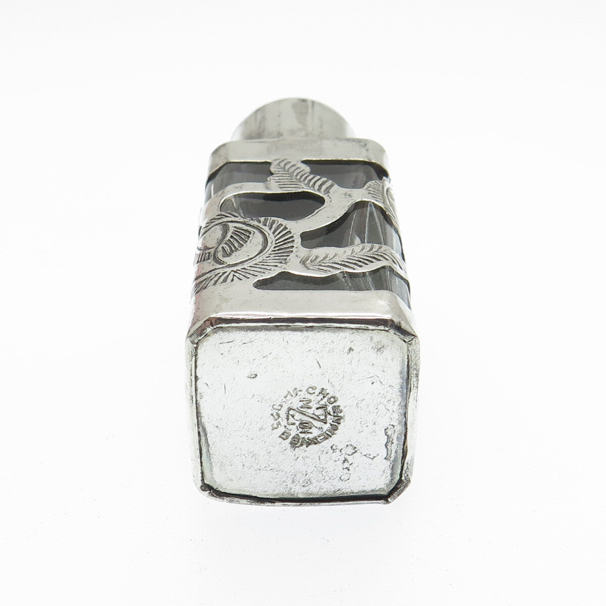MZOI 925 Sterling Silver Vintage Mexico Glass Engraved Perfume Bottle