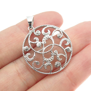 925 Sterling Silver Real Round-Cut Diamond Ornate Round Pendant