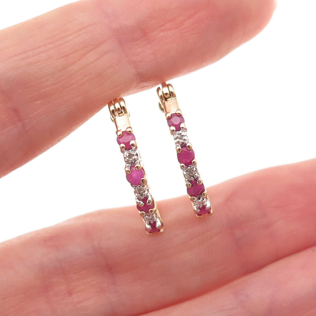 Ross Simons 925 Sterling Silver Gold Plated Real Diamond & Ruby Hoop Earrings
