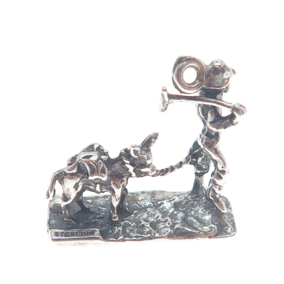 925 Sterling Silver Vintage Gold Miner with Donkey Oxidized 3D Pendant