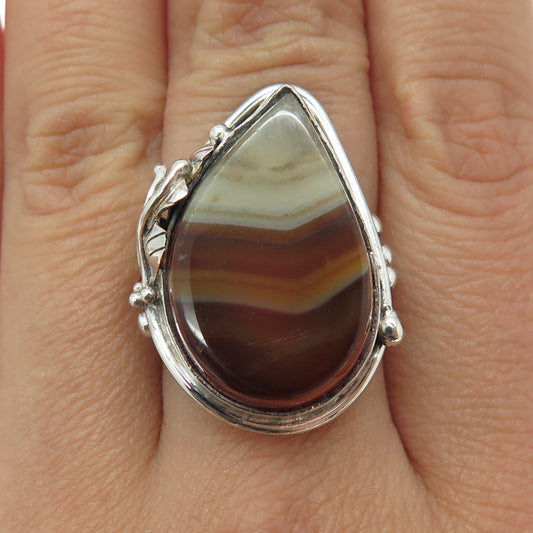 925 Sterling Silver Vintage Real Agate Modernist Floral Ring Size 7.5