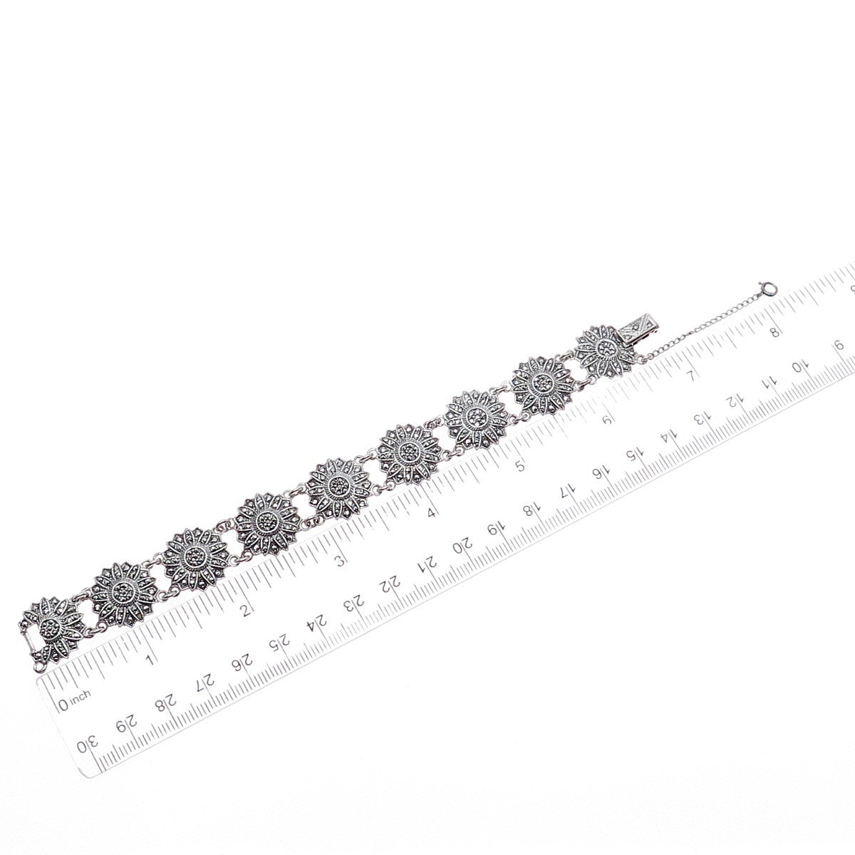 925 Sterling Silver Antique Marcasite Flower Bracelet 6.75" (missing 2 stones)