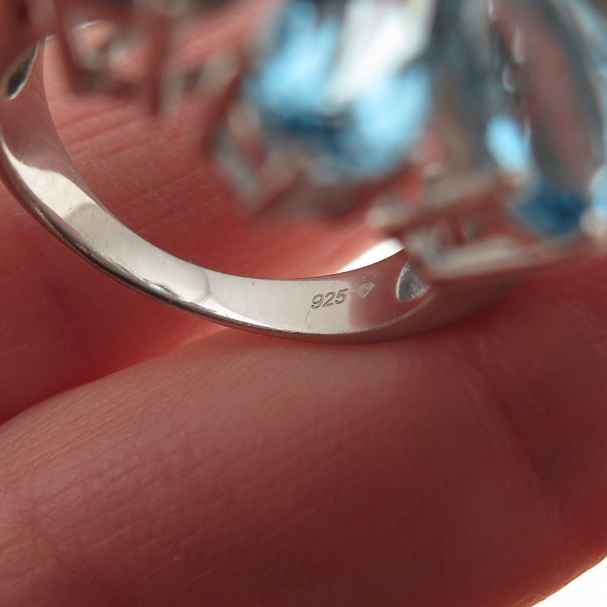 925 Sterling Silver Real Diamond & Swiss Blue Topaz Floral Ring Size 7.25