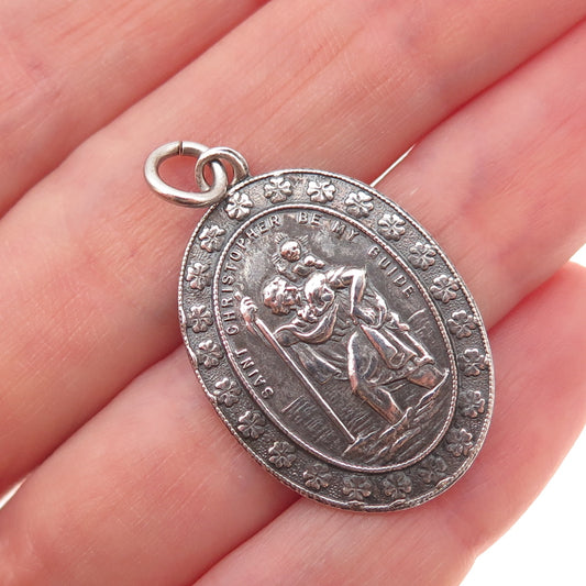 925 Sterling Silver Antique Art Deco St. Christopher Clover Good Luck Pendant