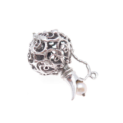 925 Sterling Silver Antique Art Deco Real Pearl Pitcher 3D Charm Pendant