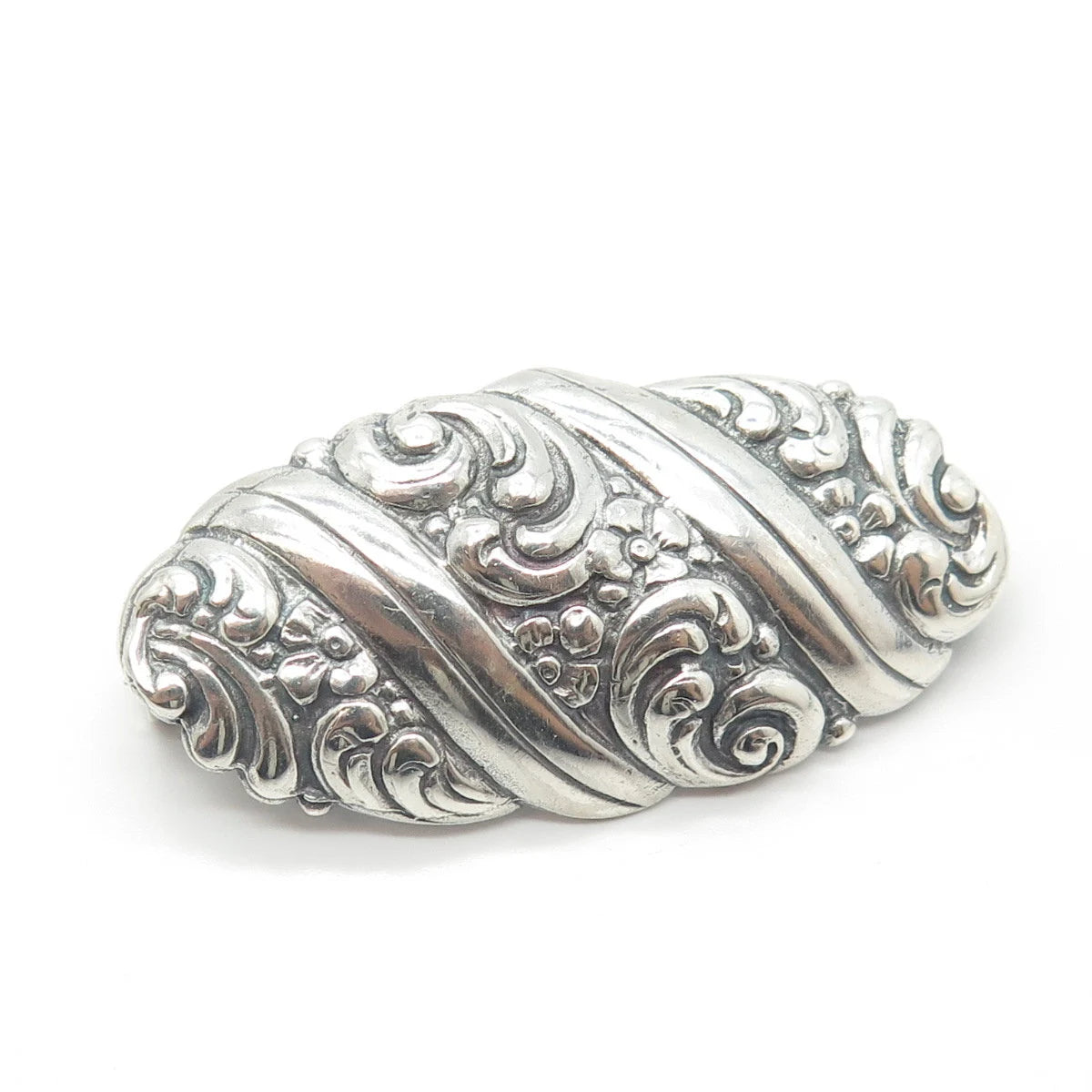 835 Silver Antique Art Deco Repousse Floral Twisted Pin Brooch