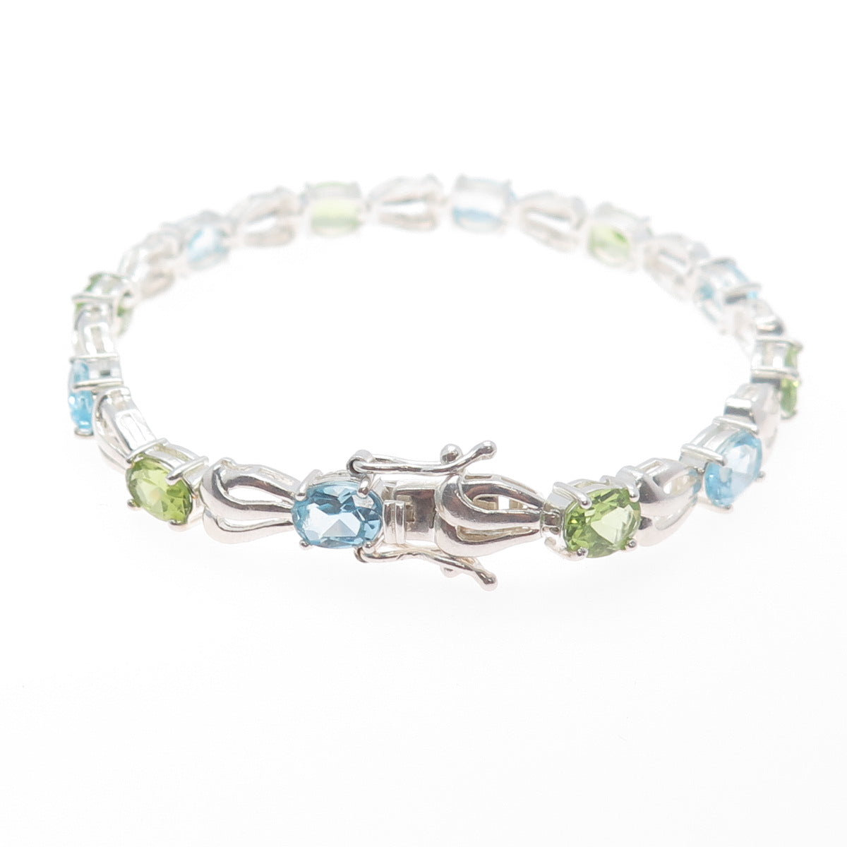 925 Sterling Silver Vintage Real Oval-Cut Blue Topaz & Peridot Bracelet 7.25"