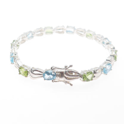 925 Sterling Silver Vintage Real Oval-Cut Blue Topaz & Peridot Bracelet 7.25"